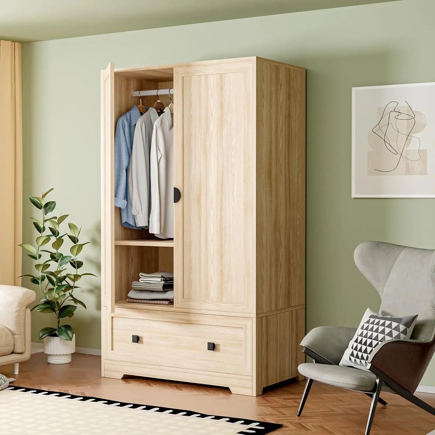 Armoire Wardrobe Closet With Doors, Hanging Rod, Shelves and Drawer - Freestanding Cabinet for Bedroom, Dorm - Oak,, Customized