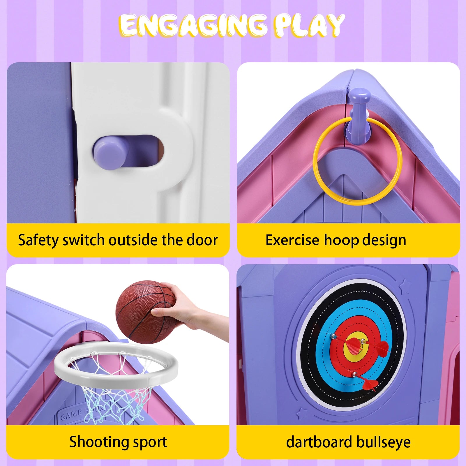 Kids Playhouse with Basketball Hoop Dartboard Indoor/Outdoor Playset Outdoor Playhouse for  2-5 Years Toddlers Gaming Toys