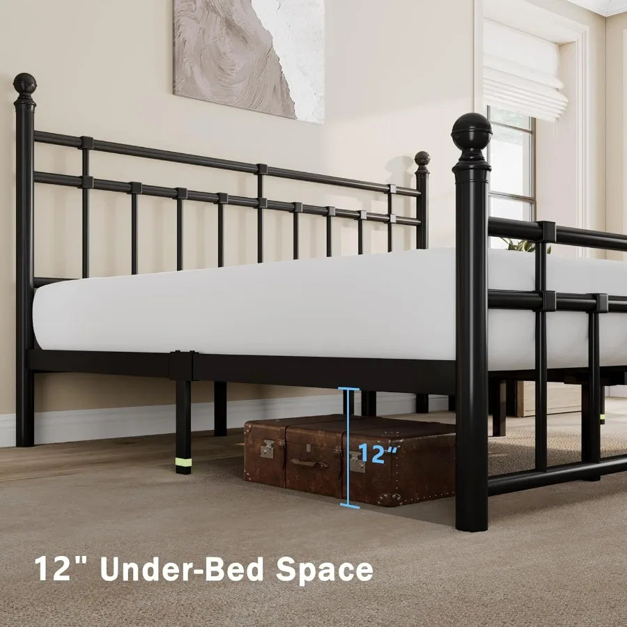 King Size Metal Bed Frame Platform Bed with Classic Wrought Iron Art Headboard and Footboard for Modern Bedroom 12 Inch Underbe