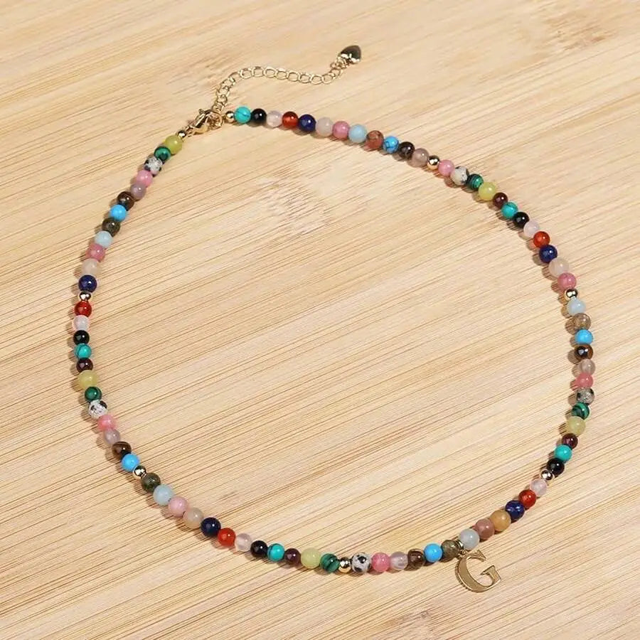 Colorful Beaded Choker Necklace with Gold-Tone Initial Pendant, Handmade Boho Style Summer Jewelry