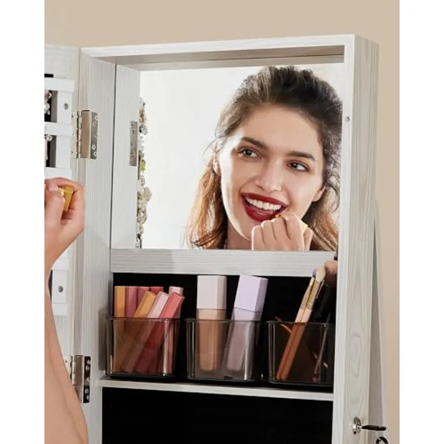 360° Swivel Jewelry Cabinet Lockable Jewelry Organizer with Full-Length Mirror Rear Storage Shelves Interior Mirror Jewelry Arm