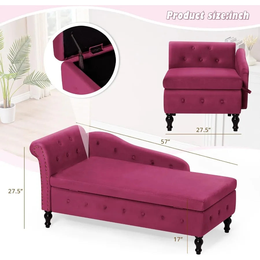 Modern Fuchsia Velvet Chaise Lounge with Left Armrest and Builtin Storage Space Button Tufted Upholstered Lounge Chair with Lum