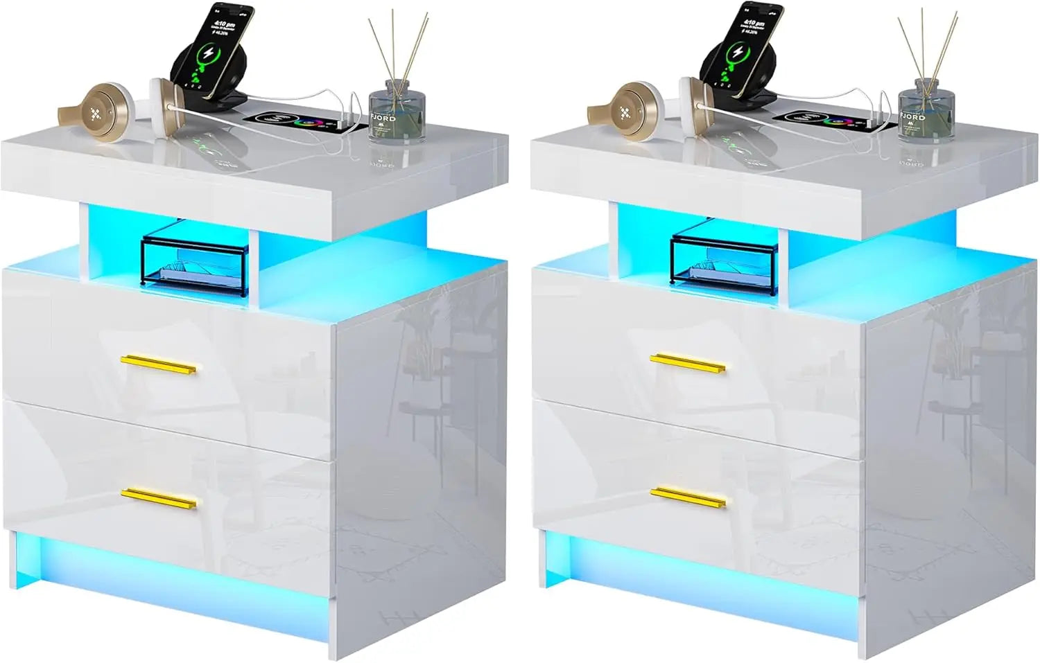 RGB LED Nightstand Set of 2 with Charging, Modern White Bedside Table with 2 Drawers