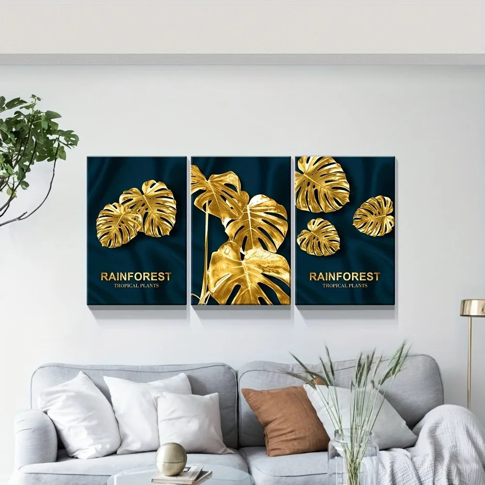 Abstract gold plant leaf wall painting, modern style painting art deco 1.5 inch thick pine solid wood frame