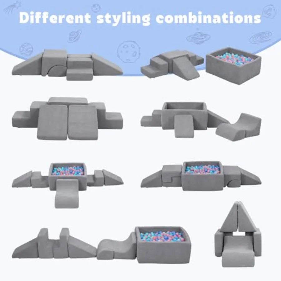 Soft Foam Climbing Blocks with Ball Pit 6PCS Grey Indoor Climbing Toys for Toddler Climb and Crawl Activity Play Set,Grey