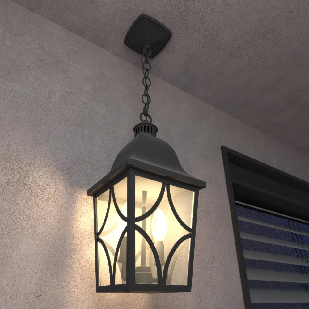 Outdoor Pendant Light Fixture, Modern Black Exterior Hanging Lantern Anti-Rust Metal Hanging Lights with Clear Glass (1 pack)