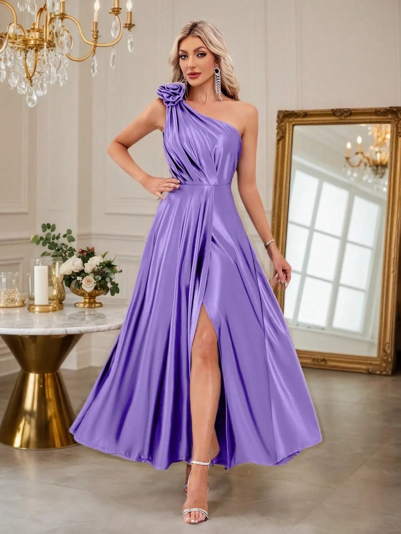 Elegant Satin One-Shoulder Evening Gown with High Slit and Floral Detail, Formal Dress for Parties and Galas
