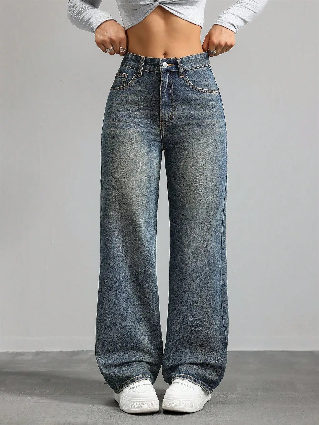 High Waist Wide Leg Jeans for Women, Light Washed Retro Denim Pants, Casual Streetwear Style