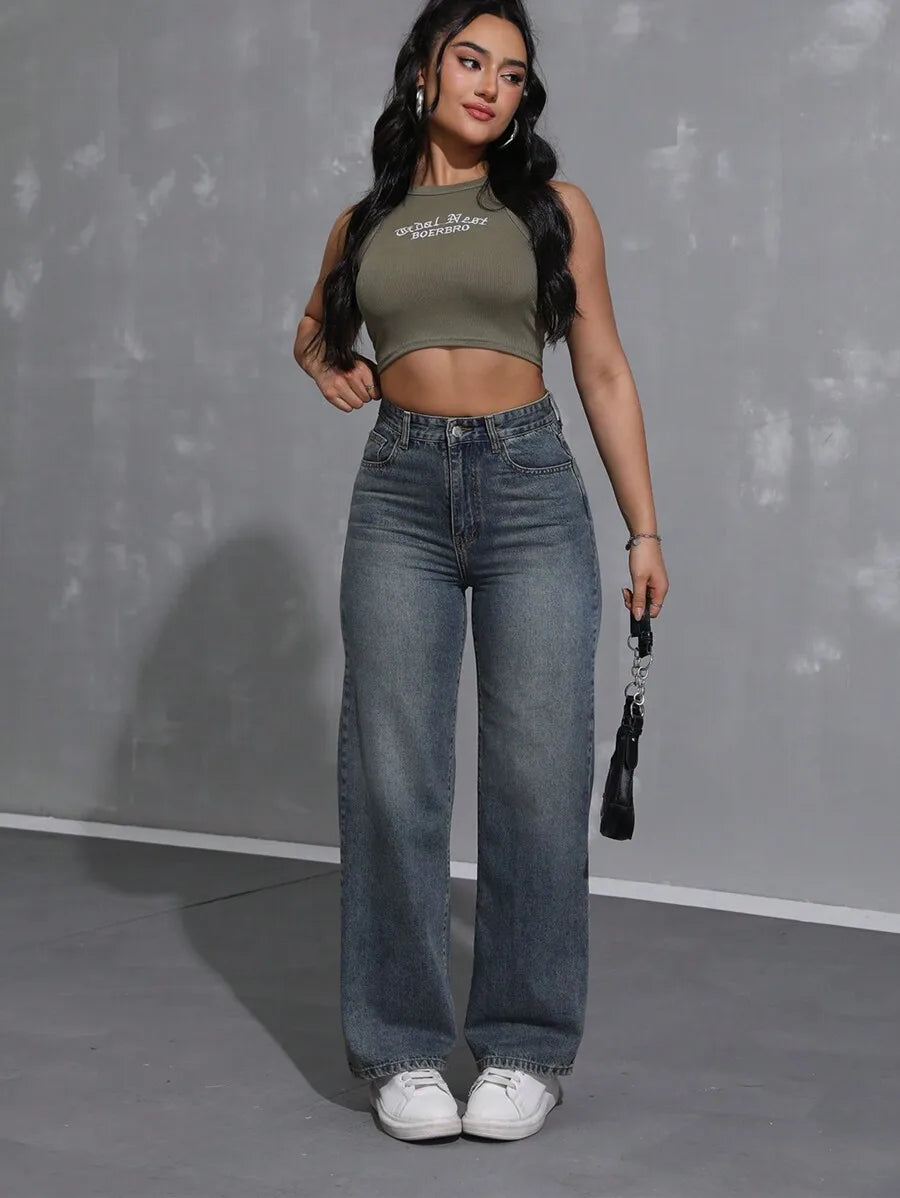 High Waist Wide Leg Jeans for Women, Light Washed Retro Denim Pants, Casual Streetwear Style