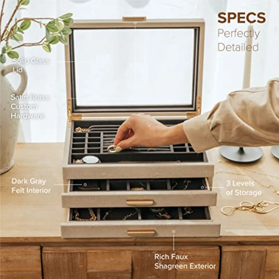 Large 3 Tier Jewelry Box Storage Case Organizer for Women Girls Wife Glass Lid for Earrings Bracelets Rings Necklaces Shagreen