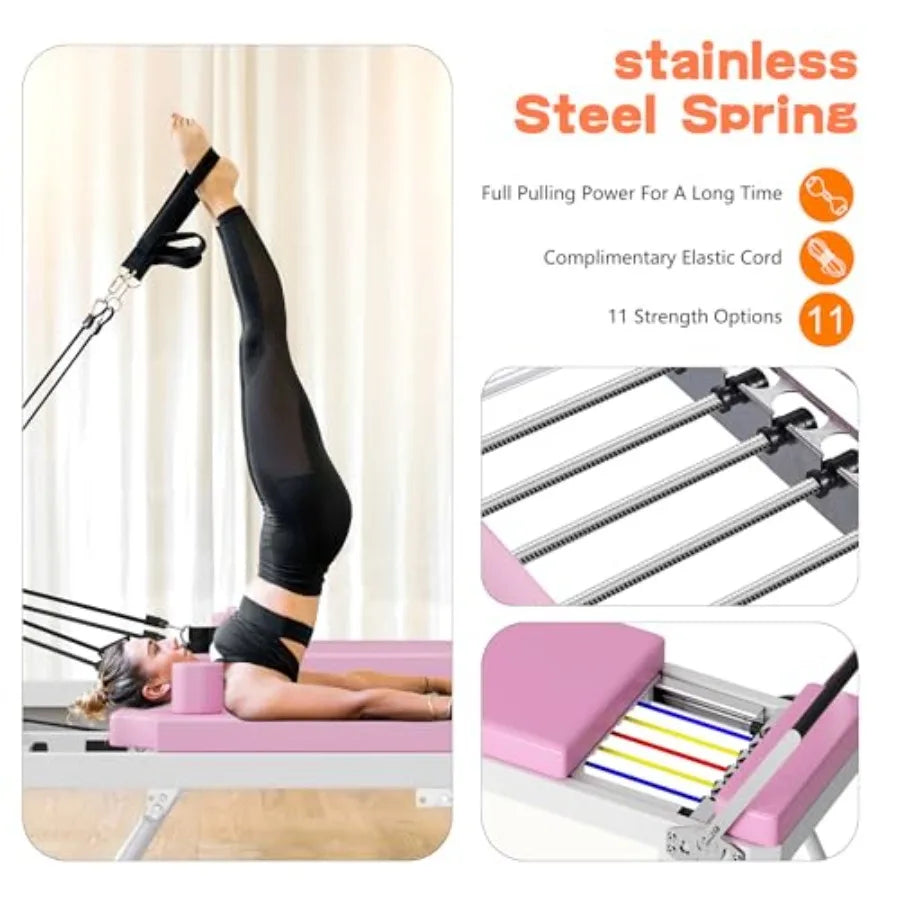 Foldable Pilates Reformer for Home Gym and Studio Pink 77.9 inch Reformer Machine with Dual Resistance Springs and Cords Suppor