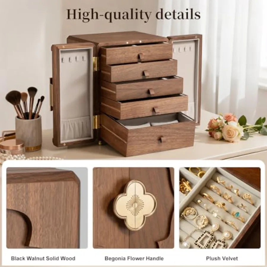 Black Walnut Wooden Jewelry Box-5 Layer Double-Door Large Wood Jewelry Boxes With Magnetic ClosureClassical Style Jewelry Organ