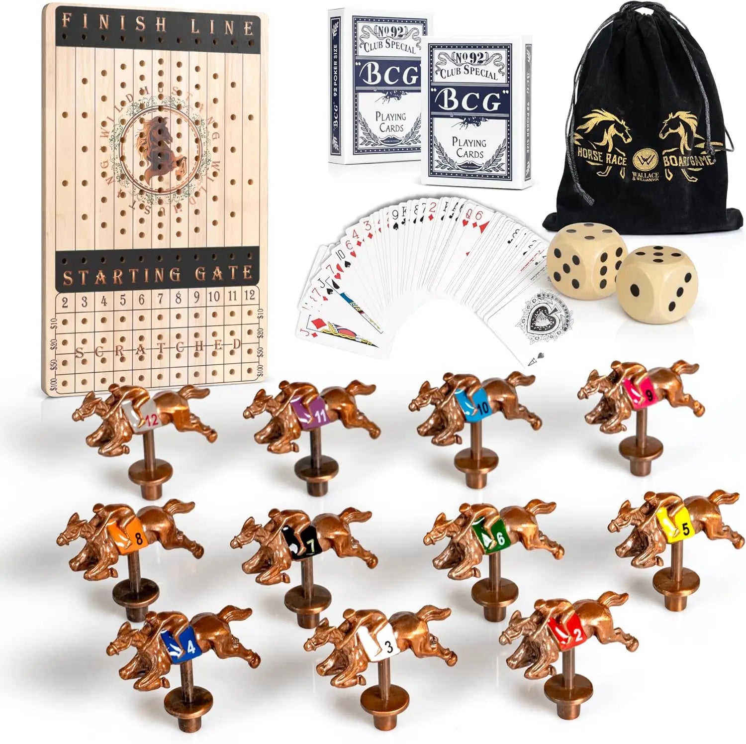 New Metal Horse Race Board Game with 11 Horses, Dice, Cards, Wooden Chessboard - Adult Family Party Game
