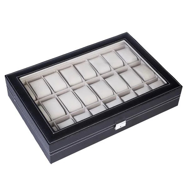 24-Slot Luxury Watch Box – High-End Leather Watch Case with Glass Top, Wooden Interior & Cushioned Slots for Collector's Storage
