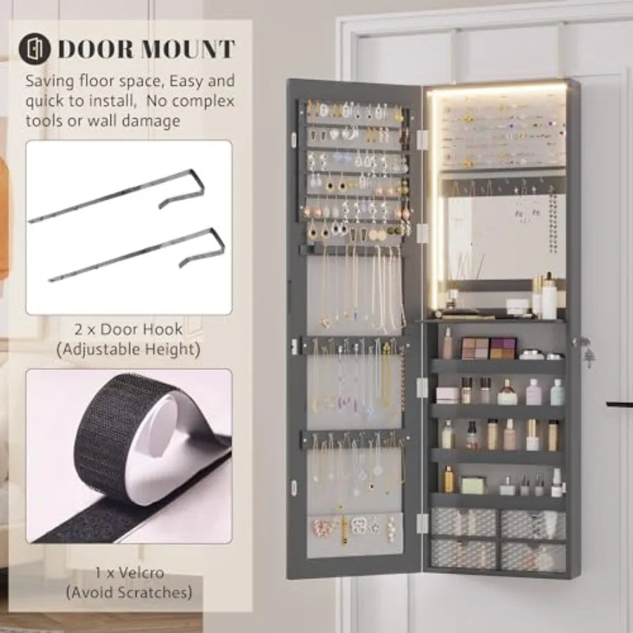 47.2" LED Grey Jewelry Mirror Cabinet Wall/Door Mounted Jewelry Armoire Organizer with Full-Length Mirror Large Capacity Storag