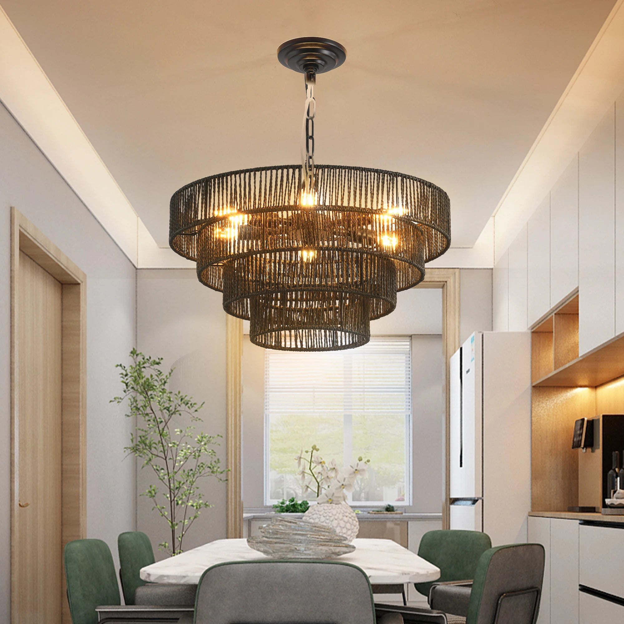 Stylish Modern Bohemian Multi-Layer Paper String Chandelier | Iron Frame Adjustable Height Ceiling Light for Dining/Living Room