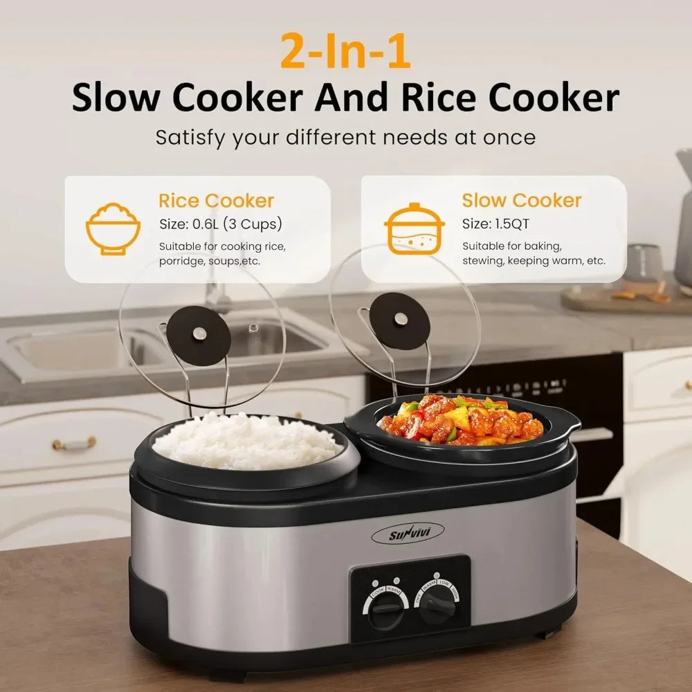2 in 1 Slow Cooker and Rice Cooker, Multi Slow Cooker with 1.5 QT Ceramic Pot & 3 Cup Rice Cooker,Aluminum Pot &Indicator Lights