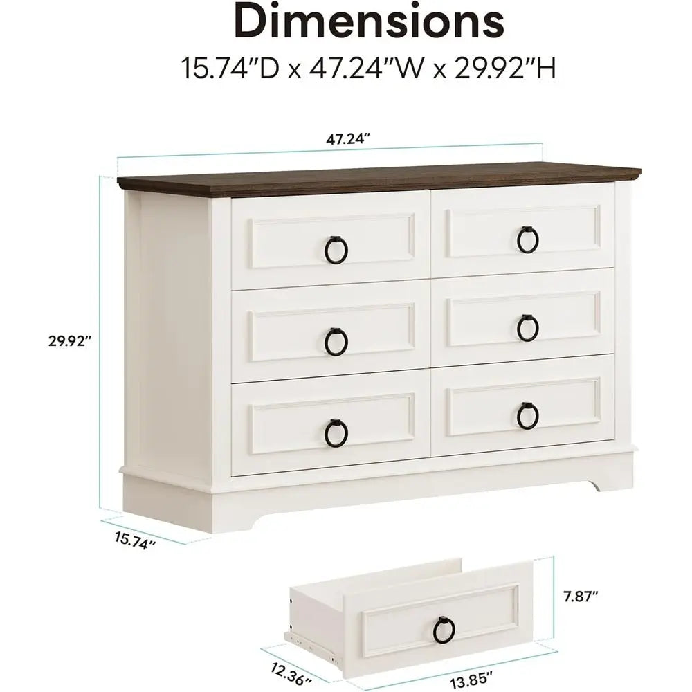 Modern 6-Drawer White Rustic Bedroom Dresser with Round Metal Handles and Thickened Top