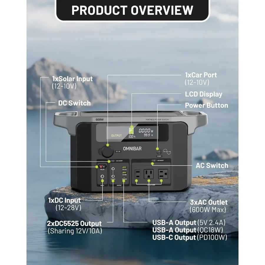 Portable Power Station 600W 655Wh 182 000mAh Solar Generator with 100W USBC Output 120V Pure Sine Wave AC Outlets for Outdoor C