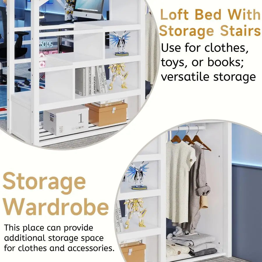 Size Loft Bed with Staircase, Metal Loft Beds with Storage Shelves amp Wardrobe, High Lofted Bed Frame, Loft Tall Bed for Boys