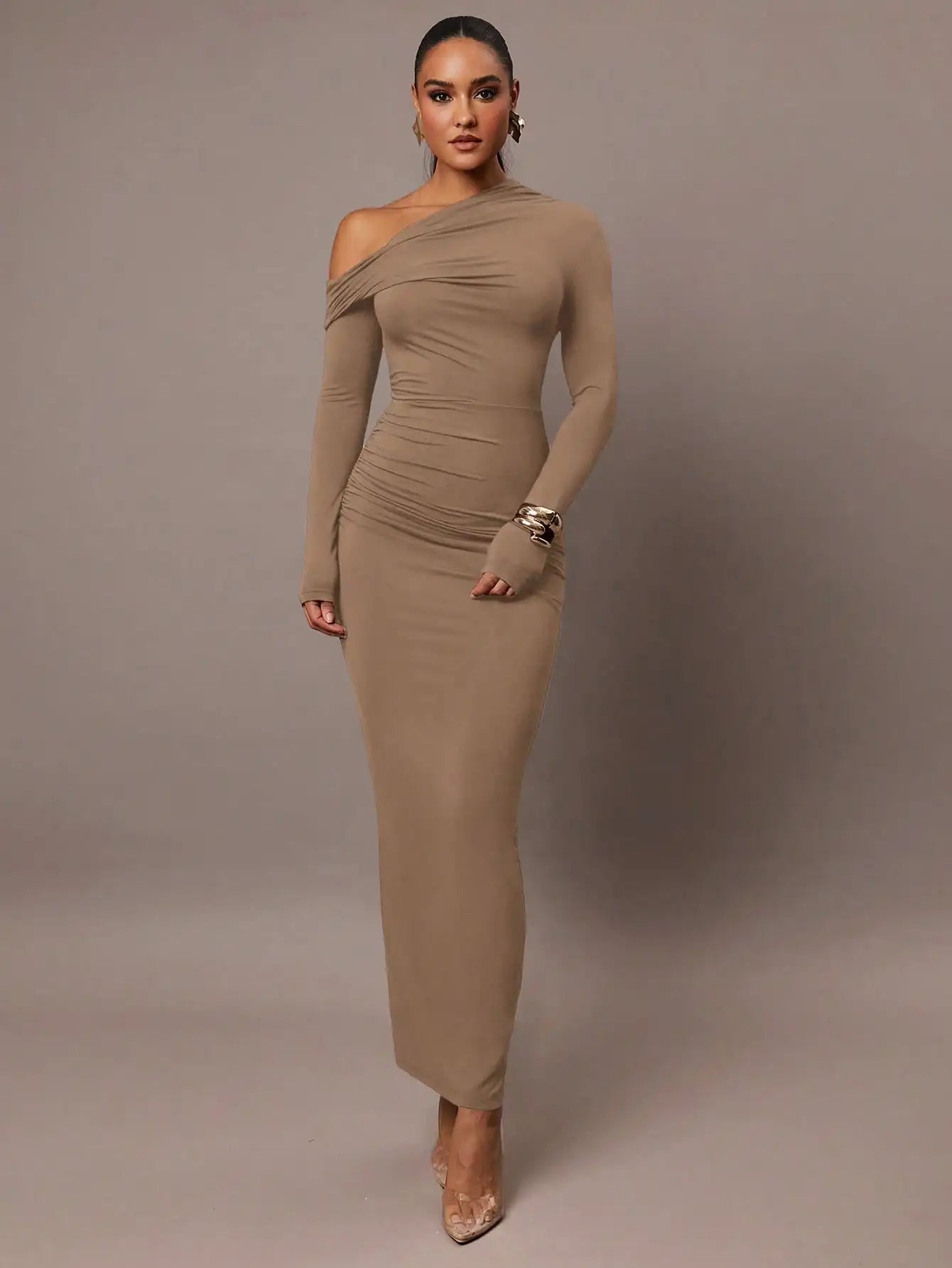 Solid Color Stretch Knitted, Sloping Shoulder Collar, Romantic Date, Autumn And Winter Bottoming Knitted Dress,