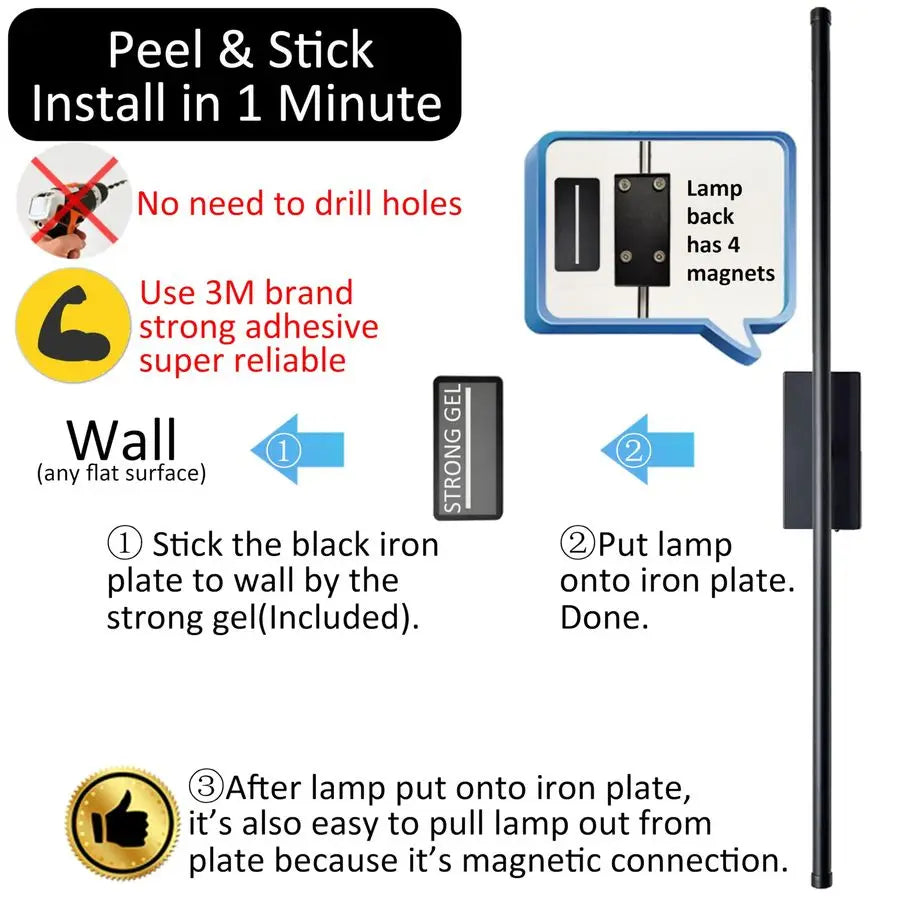 Install Peel and Stick on Battery Operated Wall Sconces Set of 2 Rechargeable, Magnetic Linear Wall Sconce Wireless Long Picture