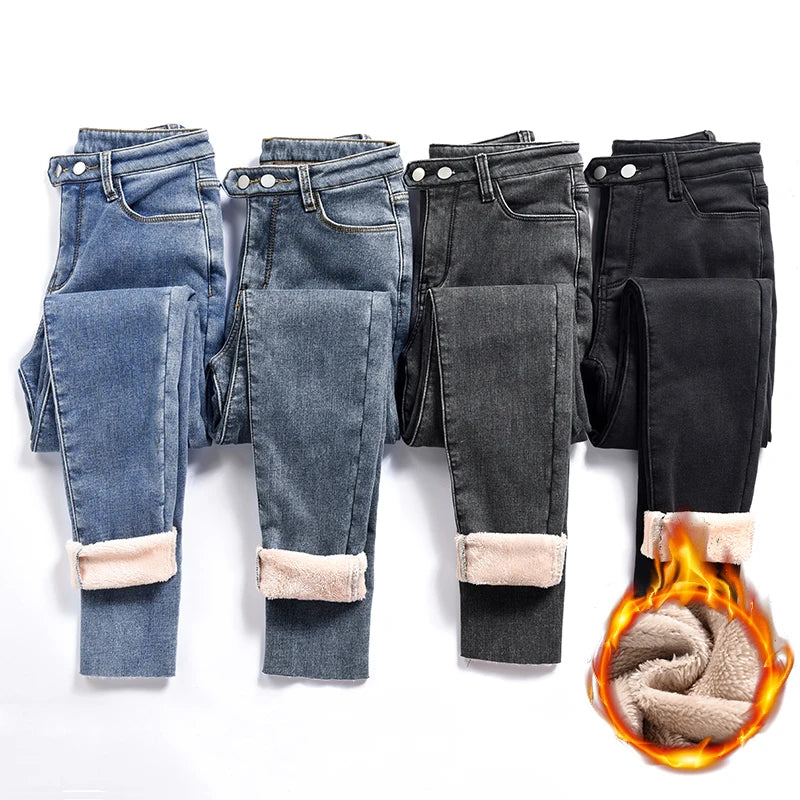 Women's Winter Fleece Jeans Skinny Stretch Thickened Warm velvet Ankle Length Pants Retro Fashion Blue Black Gray Leggings