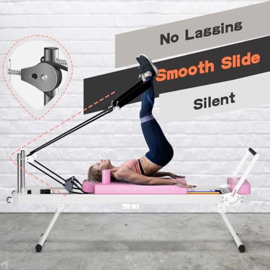 Foldable Pilates Reformer for Home Gym and Studio Pink 77.9 inch Reformer Machine with Dual Resistance Springs and Cords Suppor