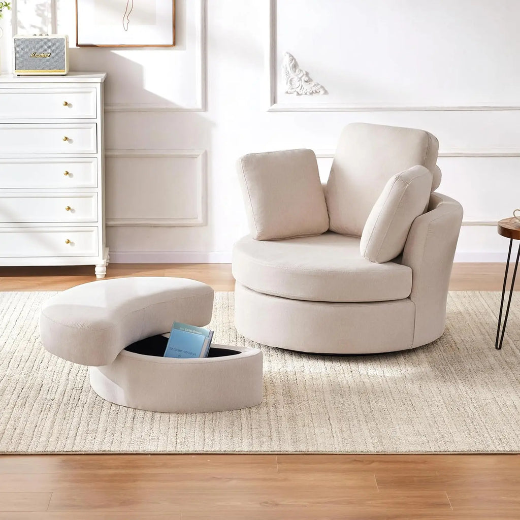 39' Swivel Accent Chair with Headrest & Ottoman, Beige Chaise Lounge for Living Room