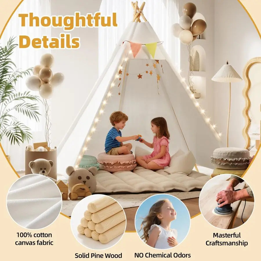 Large 7-Foot Large Adult Indian Tent with Storage Bag Five-Sided Canvas Children's Tent Suitable for Indoor And Outdoor White
