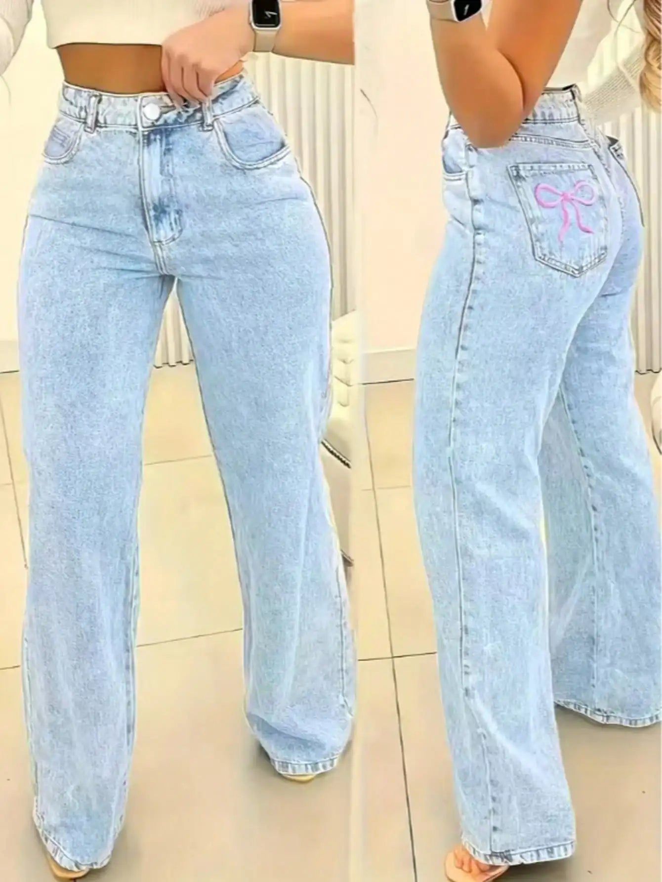 Women's High Waist Wide Leg Jeans, Light Wash Casual Denim Pants with Pockets