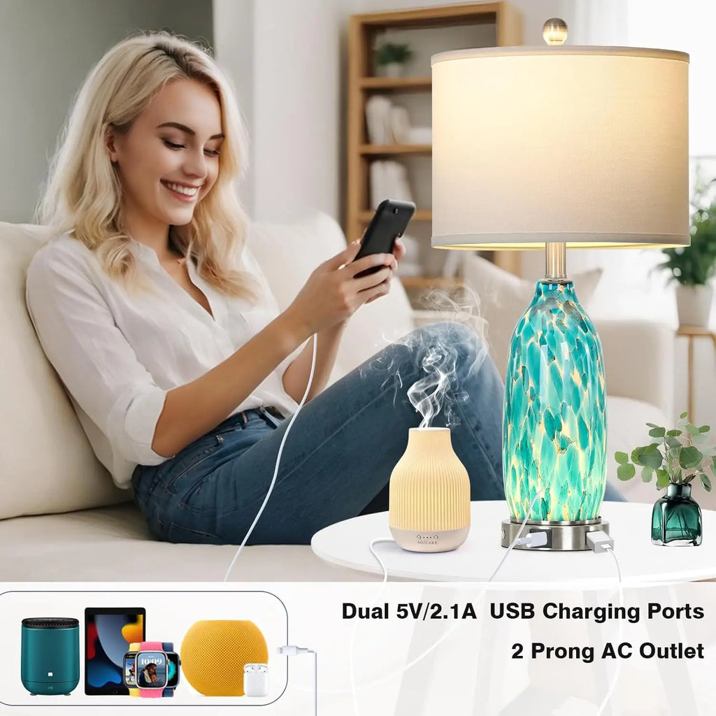 26" Peacock Green Glass Table Lamps Set of 2 with USB Ports, AC Outlet & Night Light for Bedroom Living Room