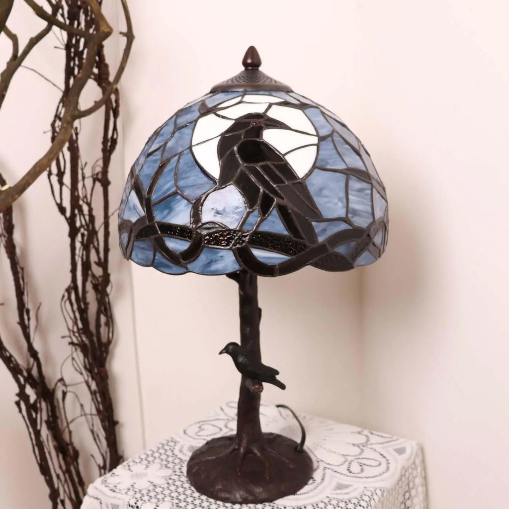 Raven on Tree Branch Moonlight Tiffany Stained Glass Table Lamp Home Decor Dark Blue 12Wx20H