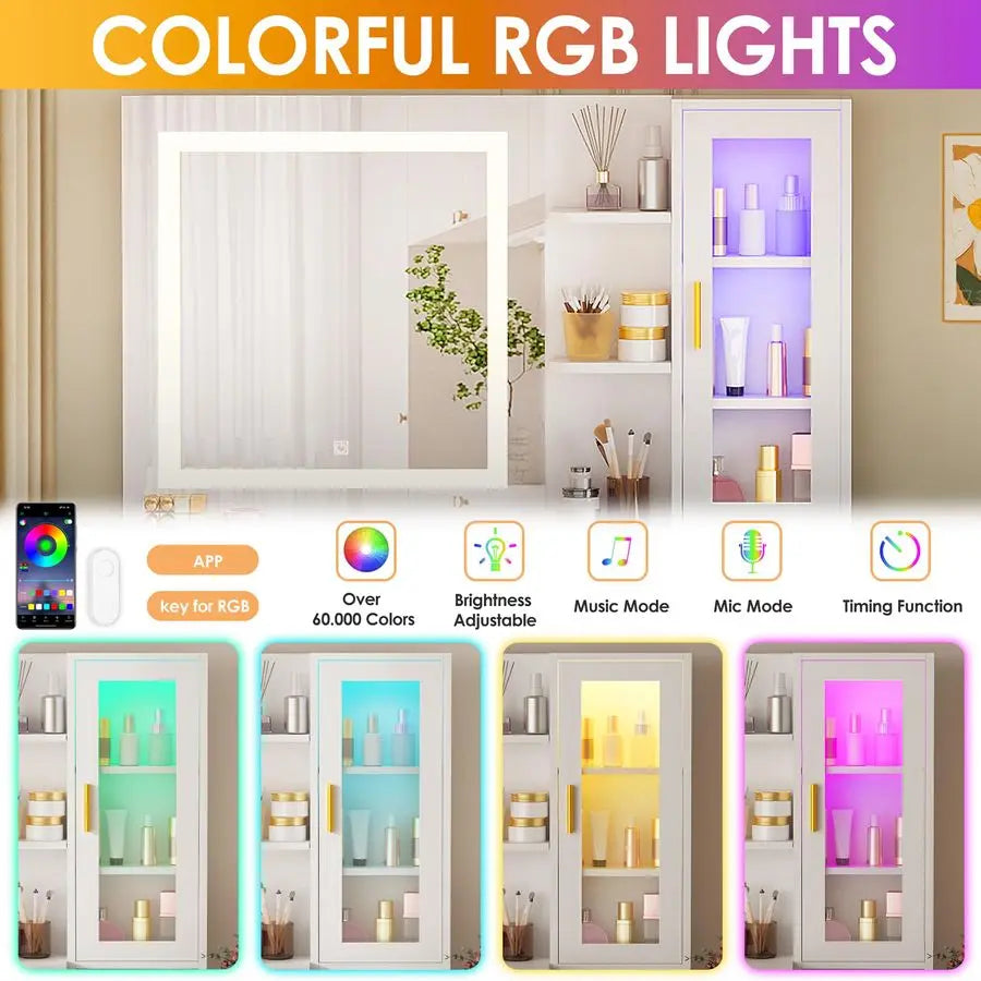 51.8 Vanity Desk with Mirror and Lights Makeup Vanity Desk with Lights 3 Colors Large White Vanity Dresser RGB 8 Drawers with Ch