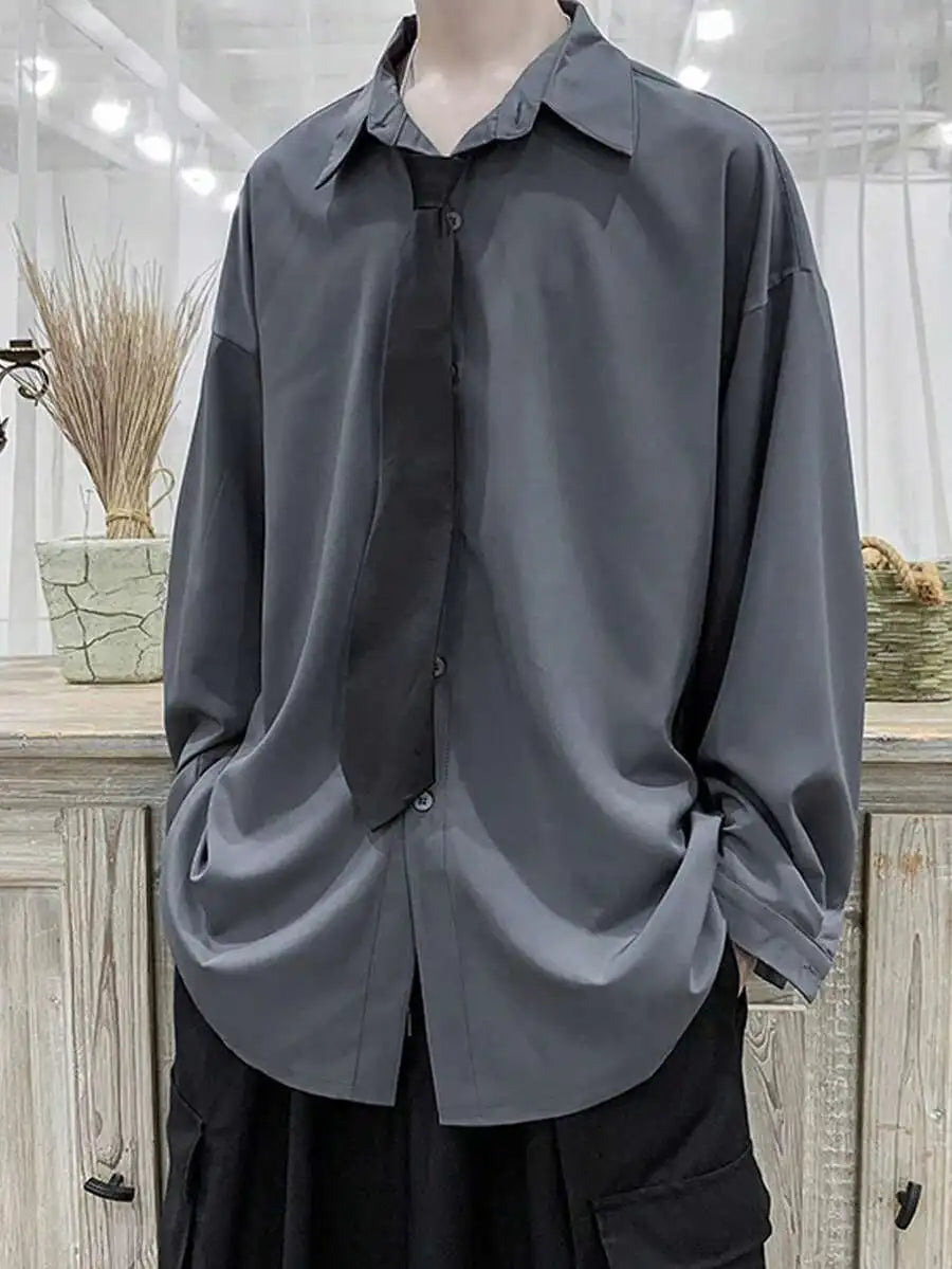 Oversized Black Drop Shoulder Long Sleeve Button-Up Shirt for Men