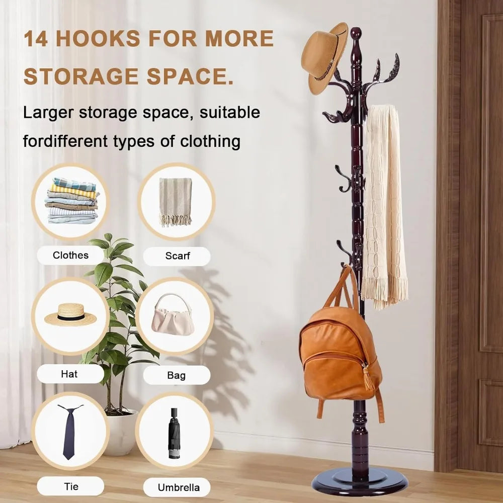 Solid Wood Coat Rack, Free Standing Hall Coat Tree with 14 Hooks, 3 Height Options, 300lbs Load, Stury Base, Clothes Rack for En
