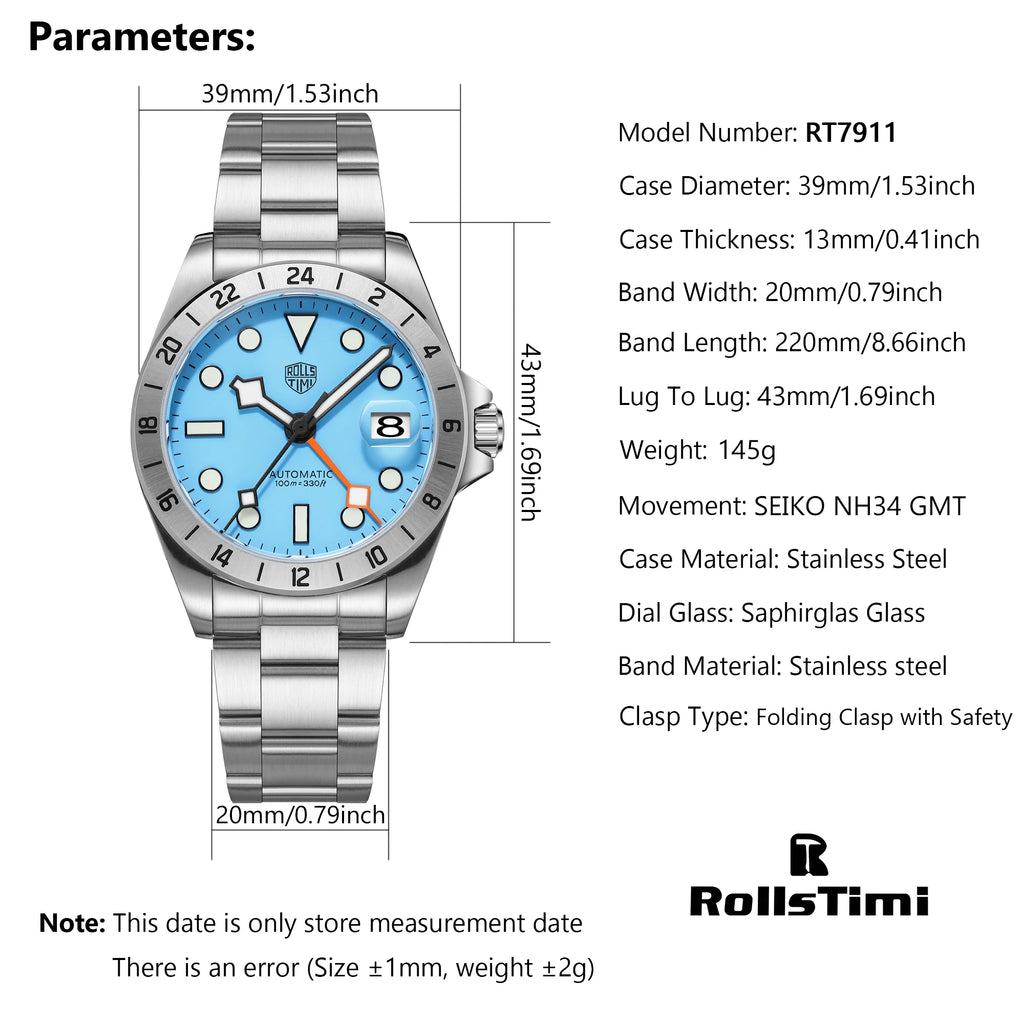 RollsTimi New luxury Automatic Mens Watch GMT NH34 Stainless Steel Mechanical Waterproof Wrist Watch for Men Sapphire Dial Watch