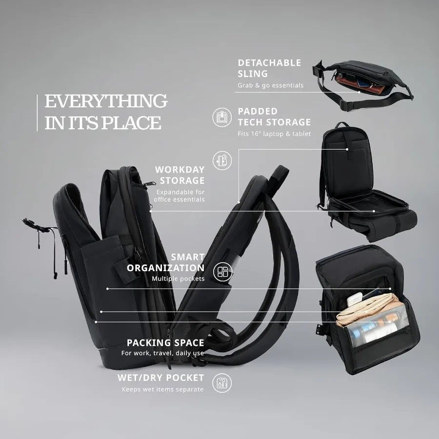 Verage Pulse 2-in-1 Roll Top Laptop Backpack 16″ with Detachable Everyday Sling Bag Personal Item Size Expandable Water-Resista