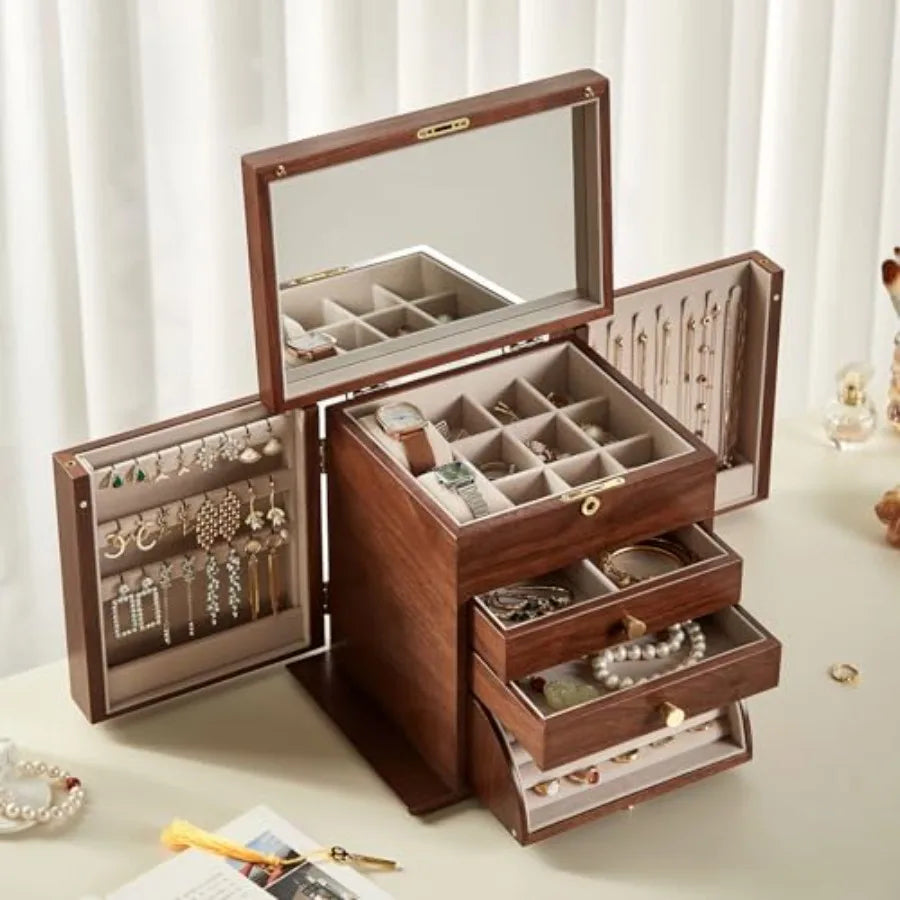 Black Walnut Wooden Jewelry Box Wood Jewelry Organizer with 2 Side Doors Mirror Lockable Classical for Watch Necklace Ring Earr