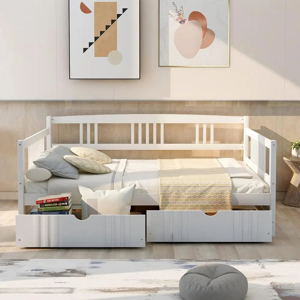 Merax Daybed Full Bed with Drawers, Wooden Slats Support Modern Living Daybed with Rails (White)