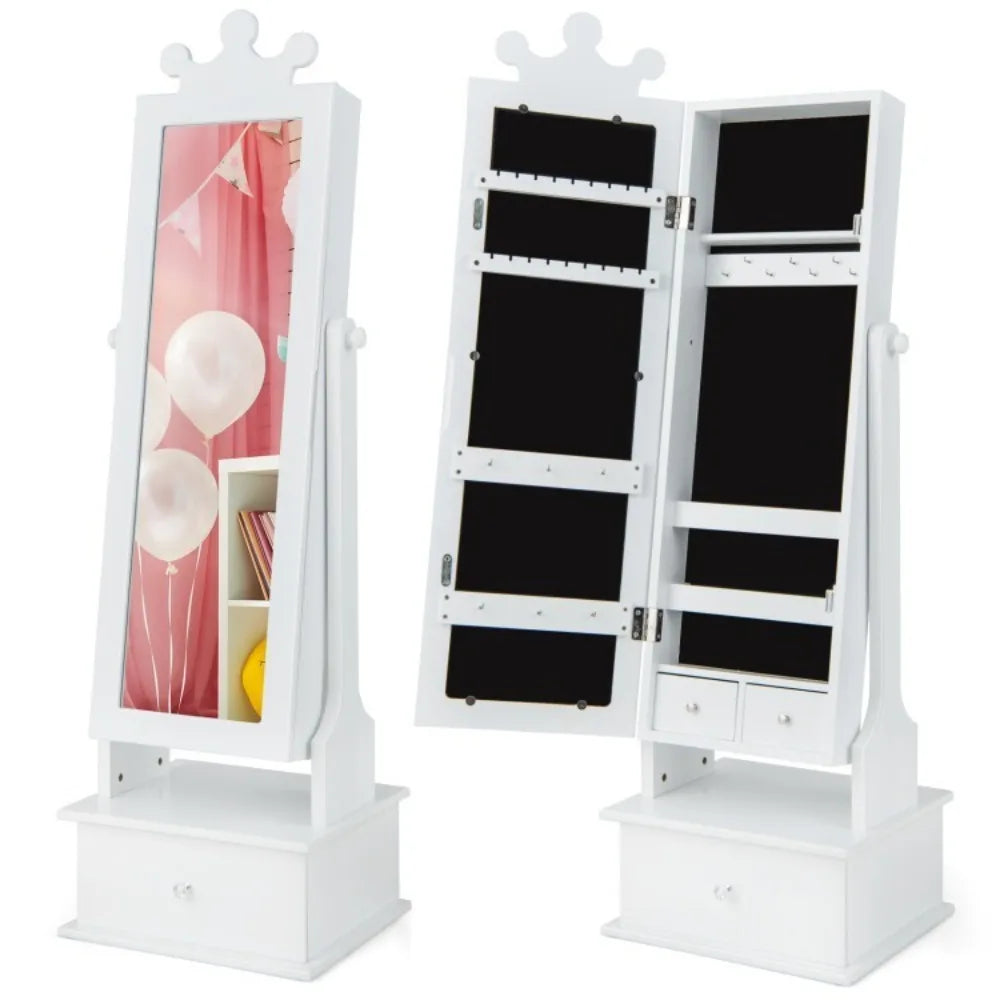 2-in-1 Kids Jewelry Armoire Full-Length Mirror Jewelry Organizer Girl W/ Drawers