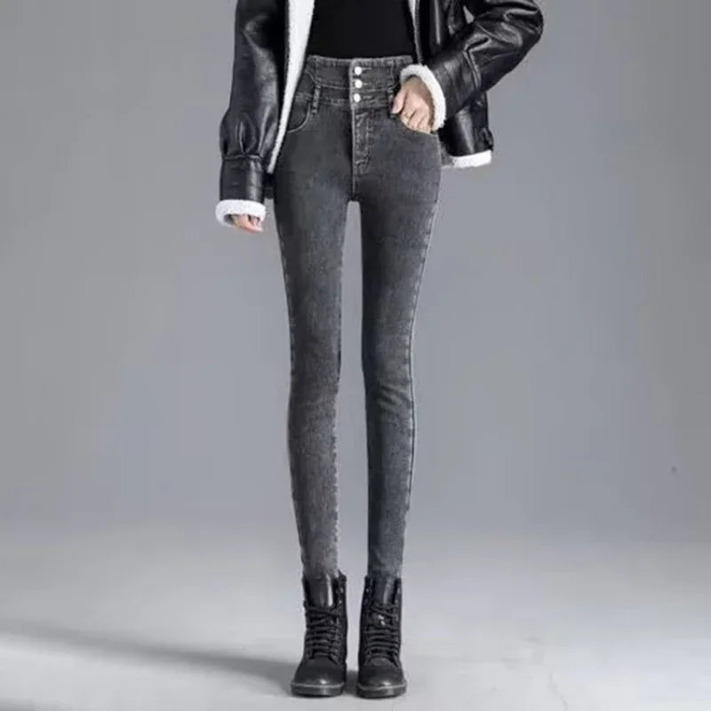Autumn Winter Skinny Jeans Fashion Women Thermal Fleece High Waist Stretch Warm Pencil Pants Casual Velvet Button Denim Pant