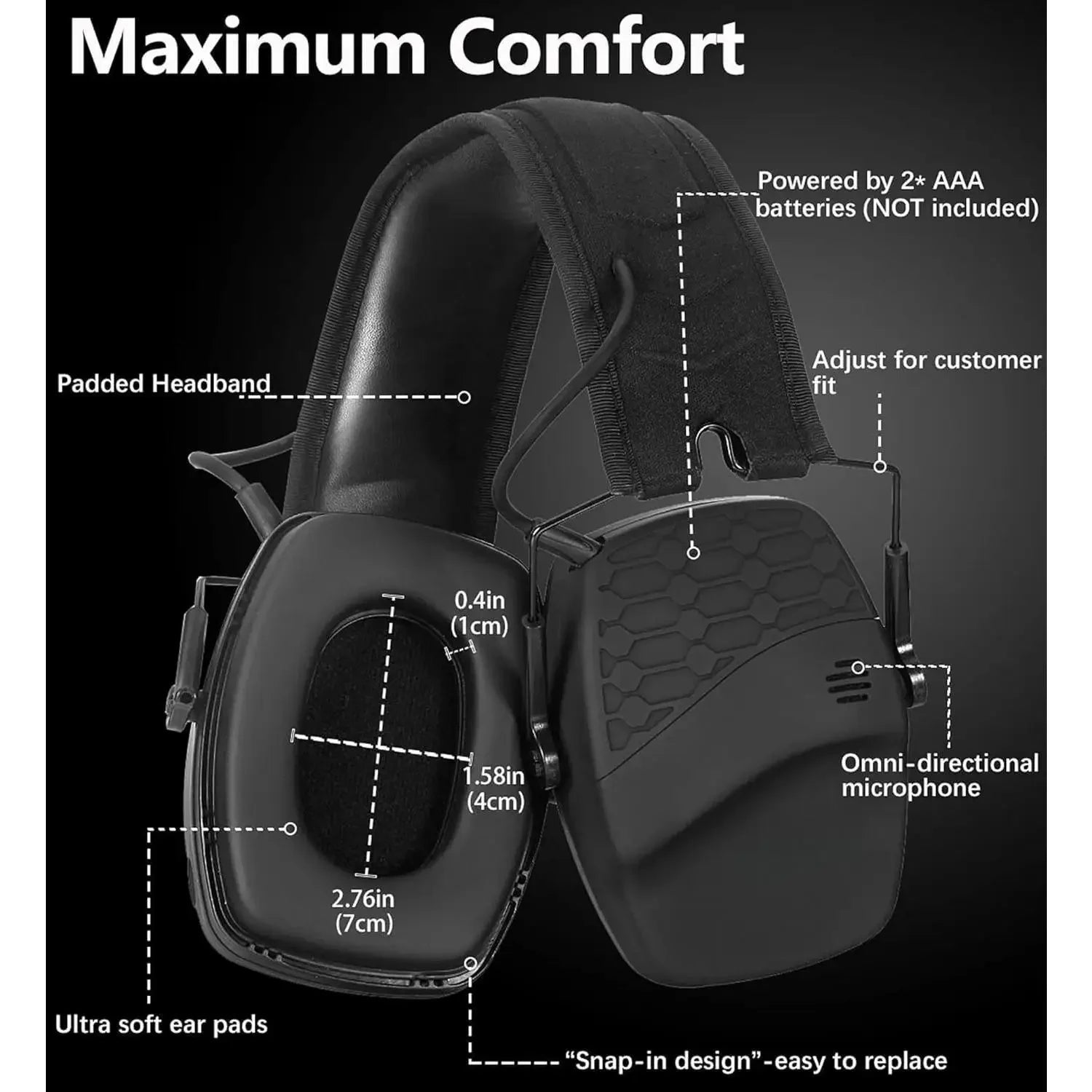030 2 Pack Bluetooth 5.4 Electronic Shooting Ear Protection Earmuffs with Foam Ear Pads-Black
