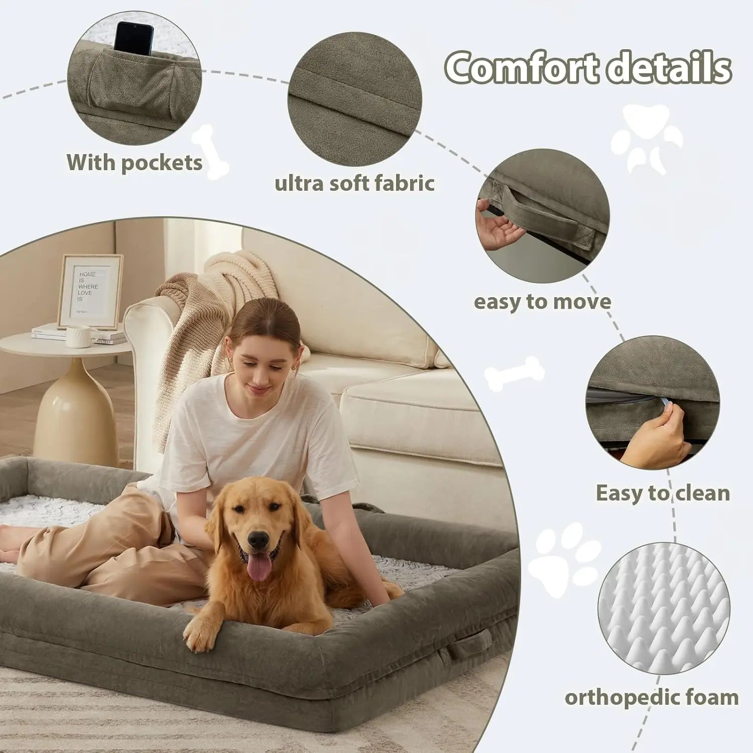Washable Orthopedic Dog Bed for Large Dogs, Waterproof Pet Sofa with Removable Cover, Comfortable Sleeping Couch