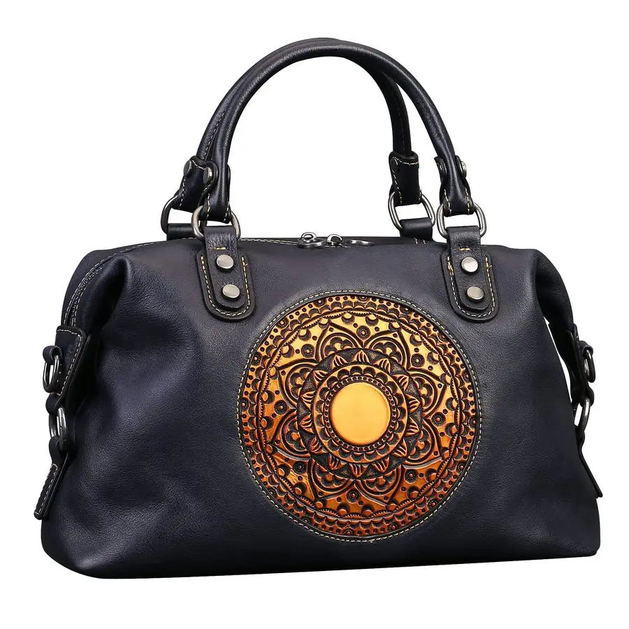 Handbag for Women, Genuine Leather Purses Retro Mandela Crossbody Handbag Tote Bag