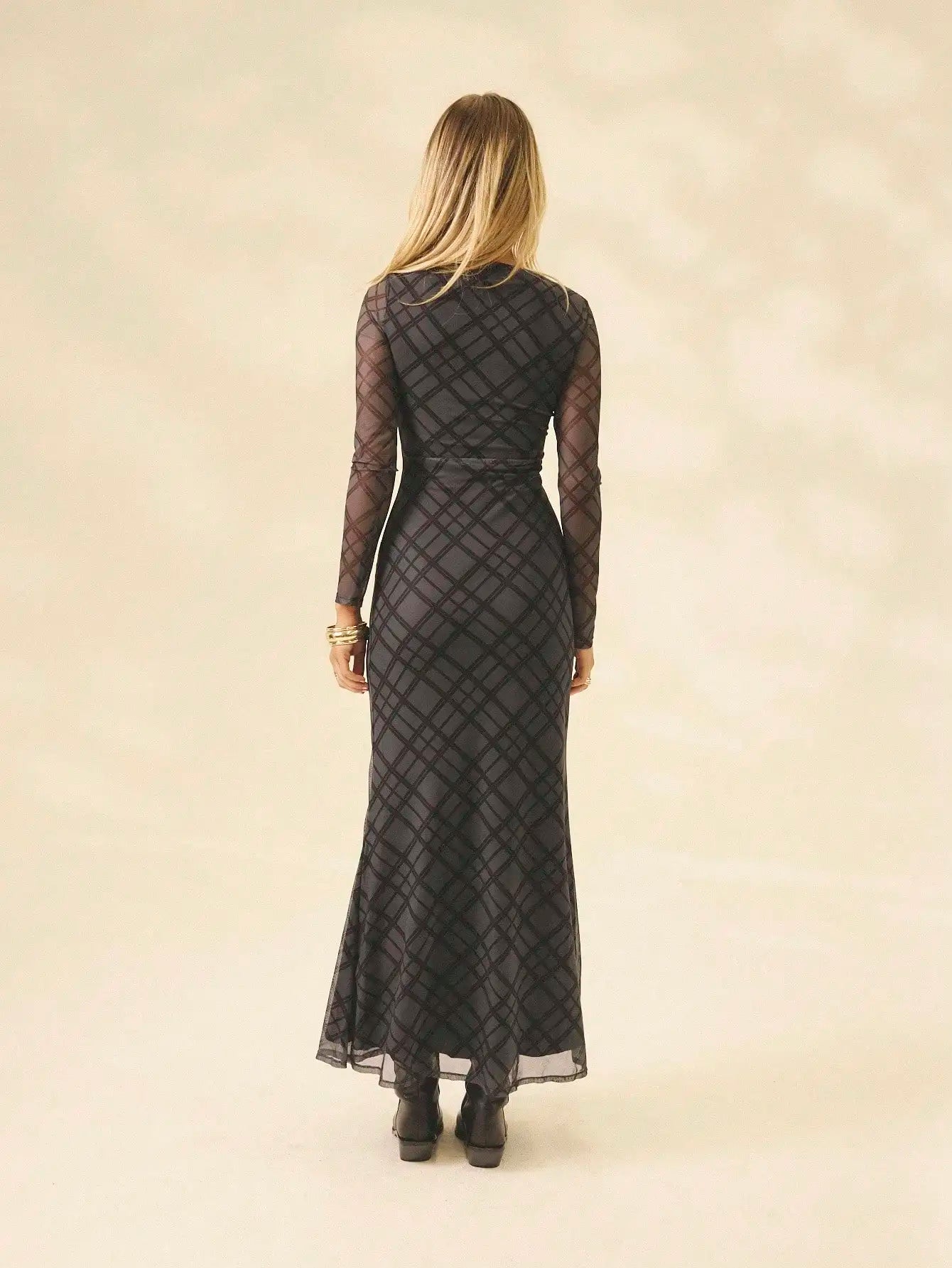 Aralina Fall Winter Stolkhom Style Plaid Gingham Mesh Long Sleeve Christmas Wedding Guest Maxi Dress