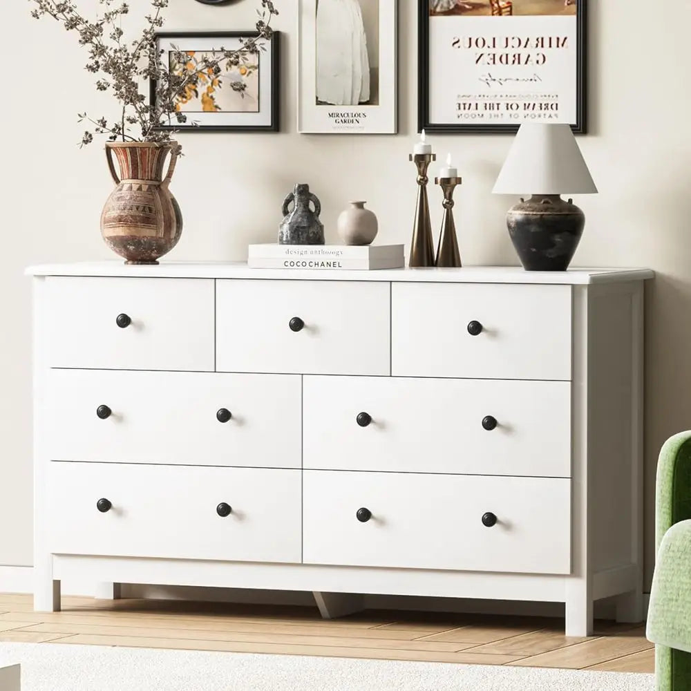White Wooden Dresser with Metal Handles and Wide Drawers for Bedroom, Living Room, or Hallway Storage