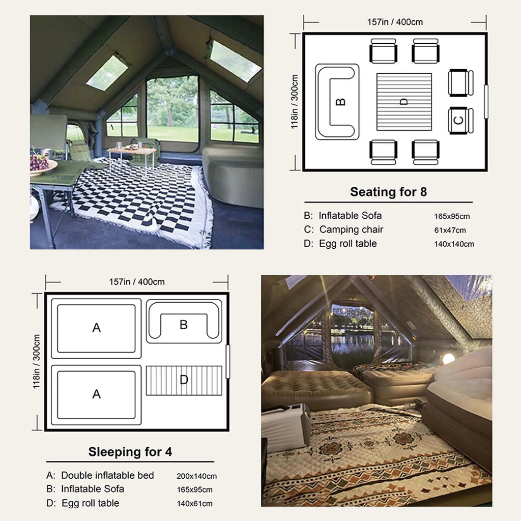 Army Green Waterproof Windproof Inflatable Tent for Camping,4 Season Air Glamping Tent House with Chimney Opening,AC Vent