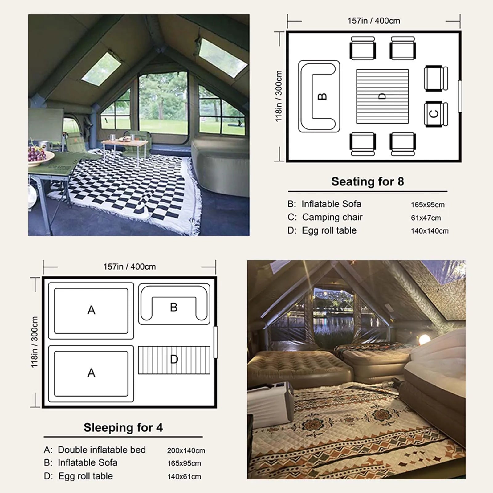 Army Green Waterproof Windproof Inflatable Tent for Camping,4 Season Air Glamping Tent House with Chimney Opening,AC Vent