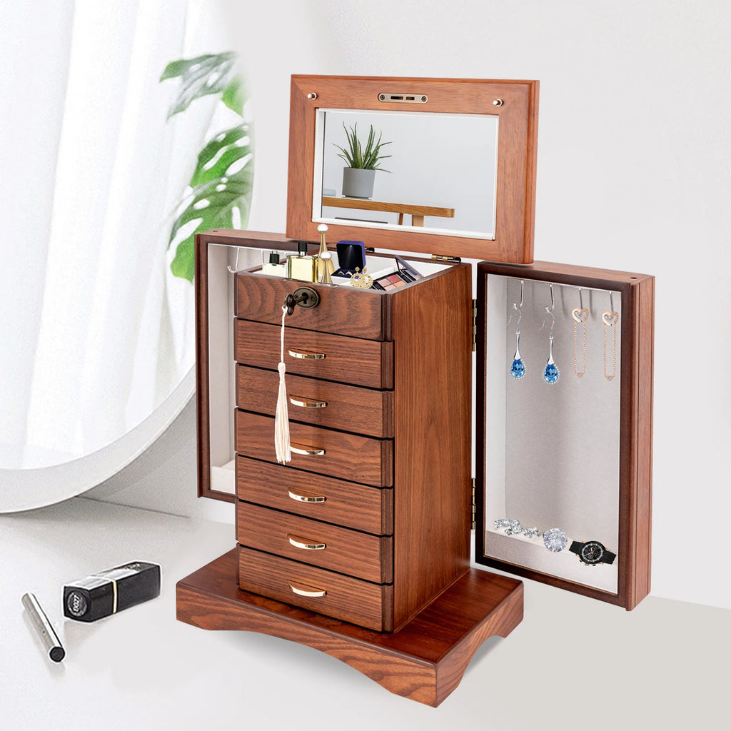 7 Layers Large MDF Jewelry Box,White/Walnut Rectangular Jewelry Box Free-standing for Jewelry Storage